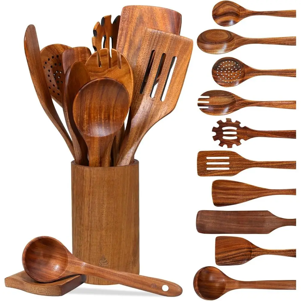 

12 Piece Wooden Spoons Cooking Set, Natural Teak Wood Utensils, Handmade Kitchen Utensil Set with Holder, Durable Nonstick, Comf
