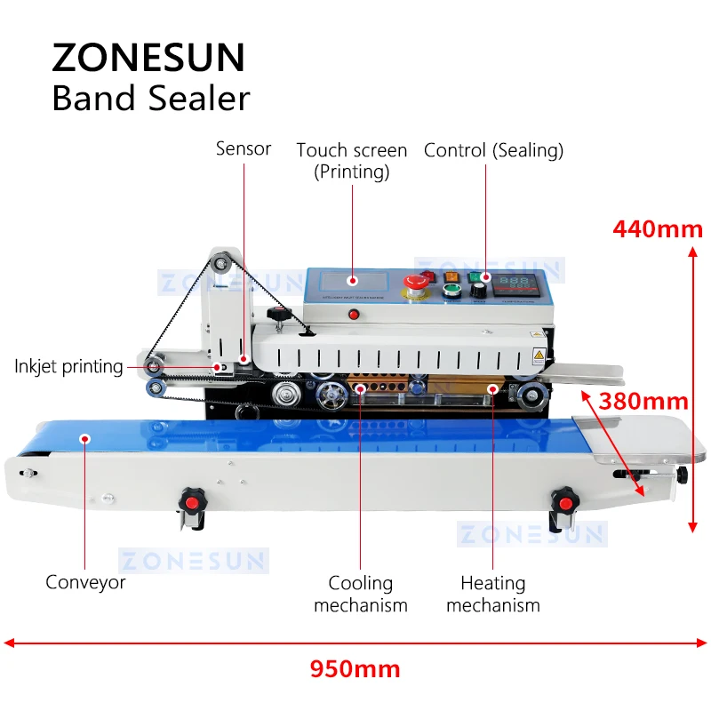 ZONESUN Automatic Bag Sealing Machine with Expiration Date Coder for Plastic Aluminum Foil Bag Food Packaging Machine ZS-FR1800P