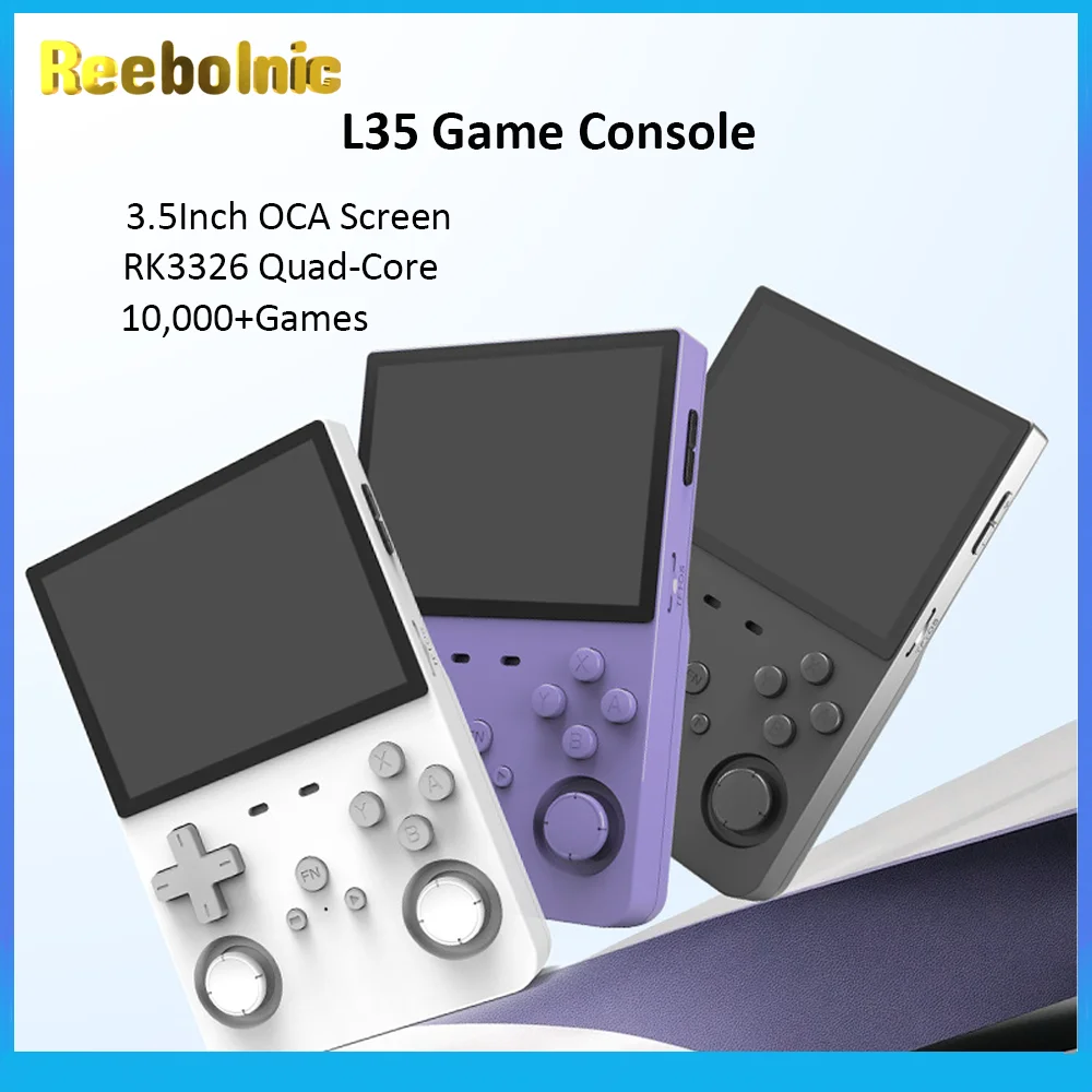 وحدة تحكم ألعاب Reebolnic L35 مقاس 3.5 بوصة RK3326 EmuELEC ARKOS System 10,000+Games SImualtors PSP PS1 Retro Vdieo وحدة تحكم ألعاب هدية للأولاد