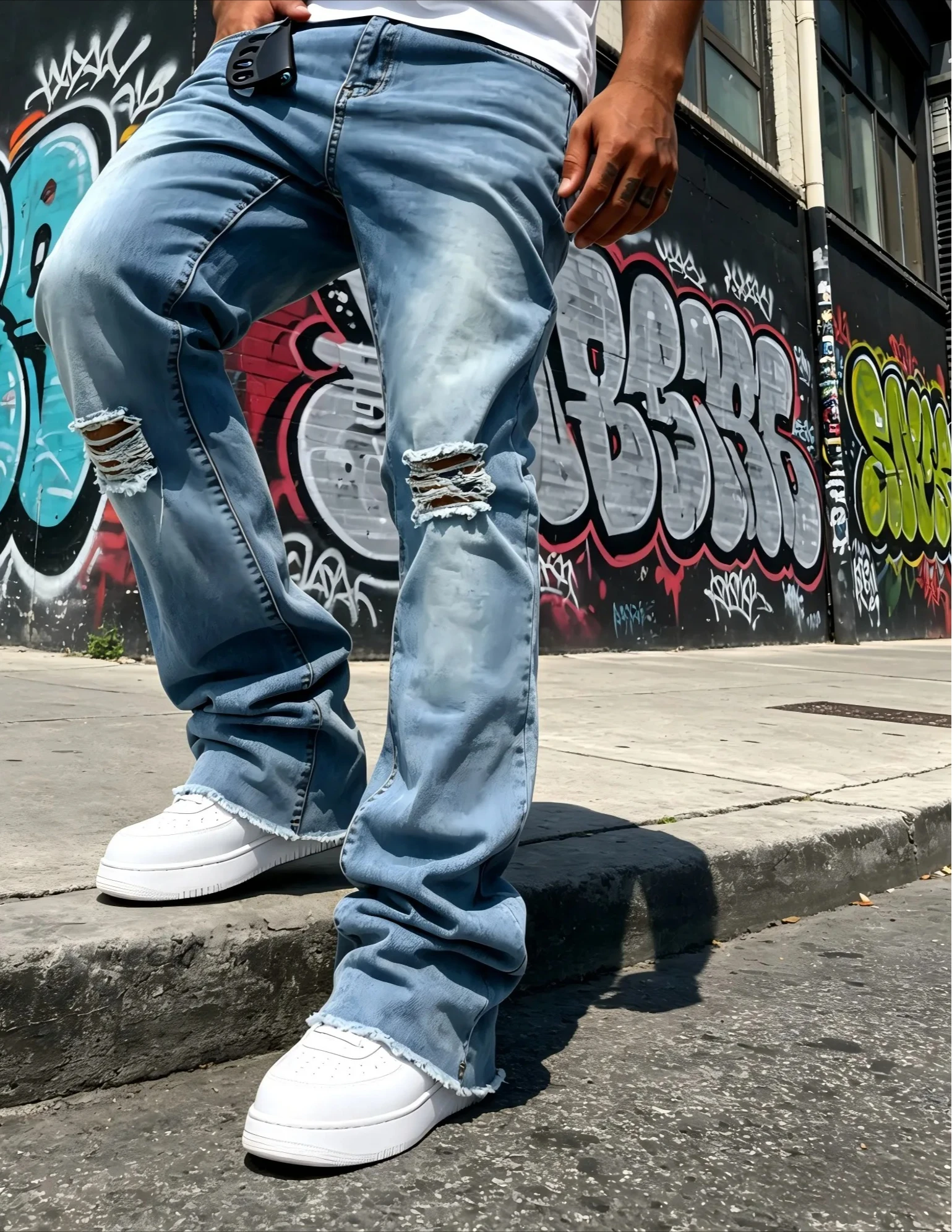Men's Light Blue Denim Pants, Distressed Flared Jeans with Knee Rips & Frayed Hem for Streetwear