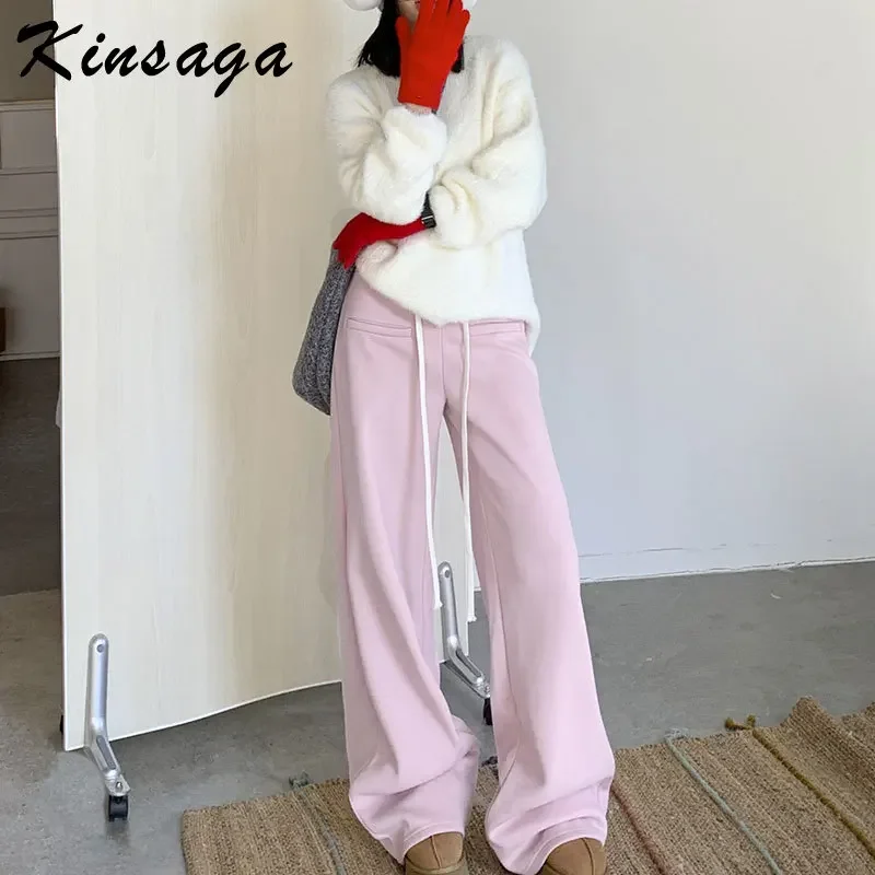 

90'S Tall Girls Sweet Pink Drawstring Wide Leg Jogger Pants Women Streetwear Extra Long Korean Chi Y2k Sweatpants Flare Trousers