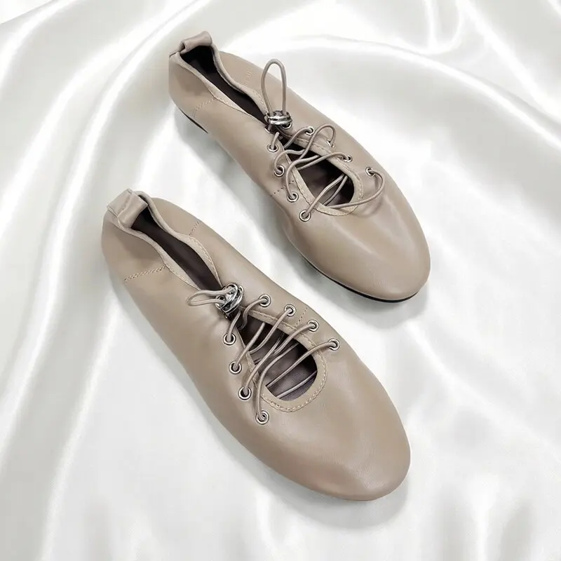 

NEW Elegant Spring Lace Up Women's Shoes Soft Leather Outdoor Casual Ballet Flats Walking Brand Comfortable Ladies Loafers