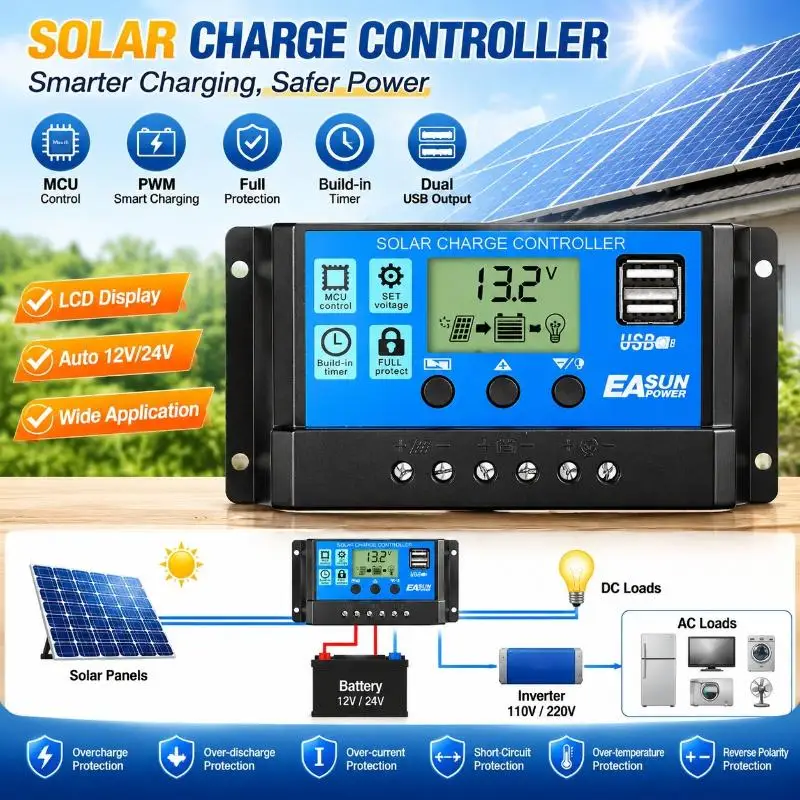 Solar Charge Controller Dual USB Port PWM Charging LCD Display for Tiny House Off-Grid Solar Energy Setup