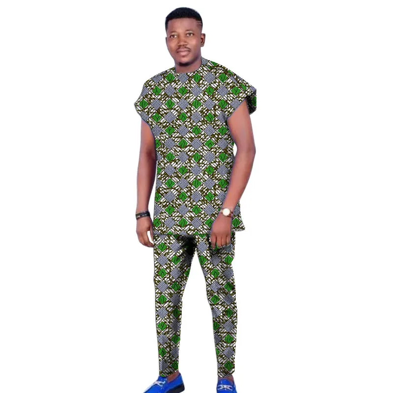 

African Couture Men's Set Tops+Elastic Waist Trousers Nigerian Fashion Print Short Sleeves Groom Suit For Wedding/Party