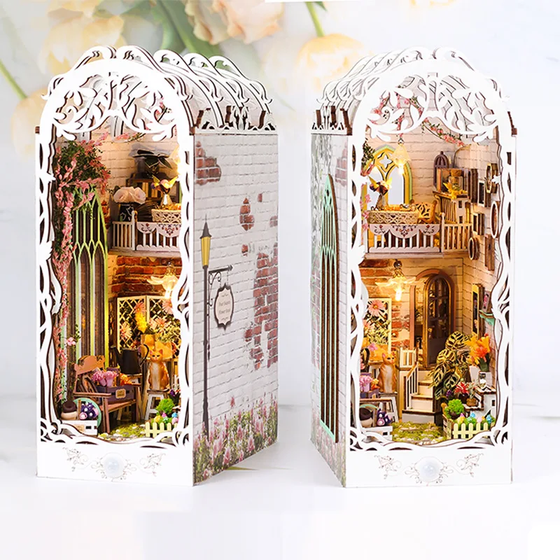 DIY Wooden Flower House Book Nook Shelf Insert Kits Miniature Dollhouse With Furniture Toys Gifts 18.5x11x29cm