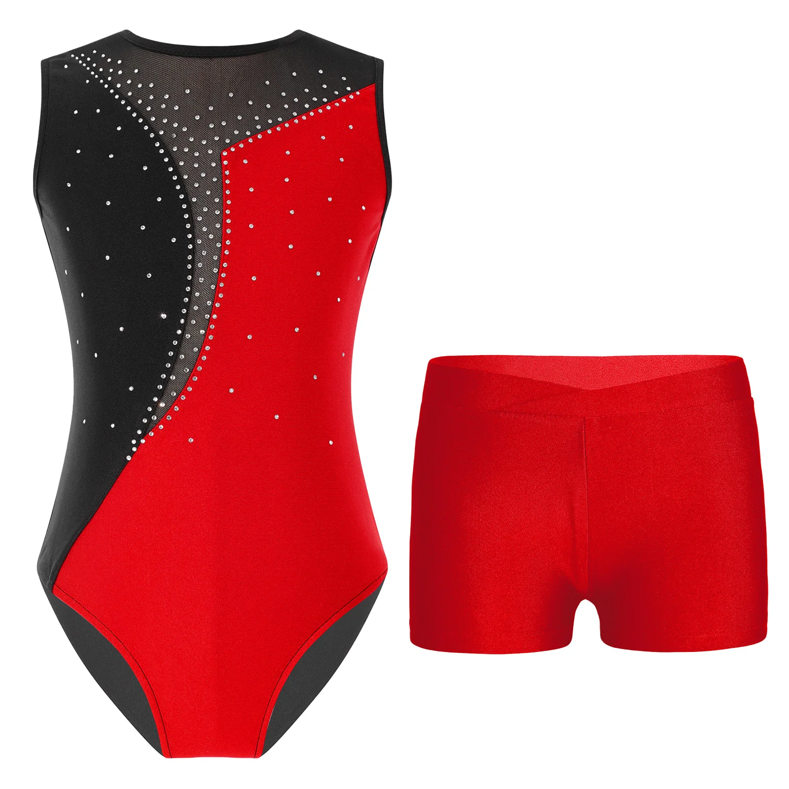 

Kids Girls Ballet Gymnastics Sets Sports Workout Figure Skating Outfits Rhinestones Leotard with Shorts for Dance Competition