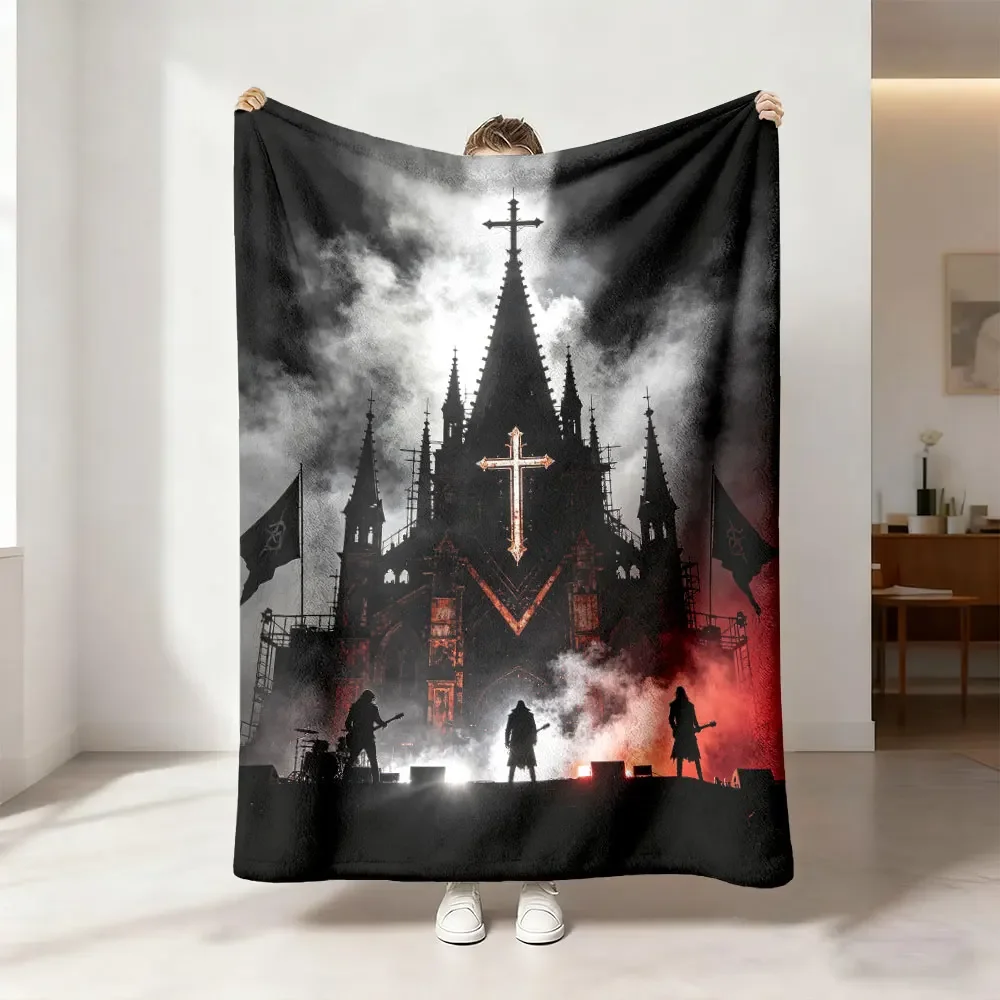 Gothic Cathedral Scene Band Concert Throw Blanket Dark Moody Rock Art Tapestry for Living Room Decor