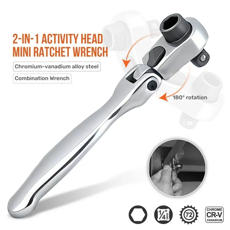 B62B-2-IN-1 Mini Ratchet Wrench With Activity Head Carbon Steel Double-Ended Wrench For Home Repair