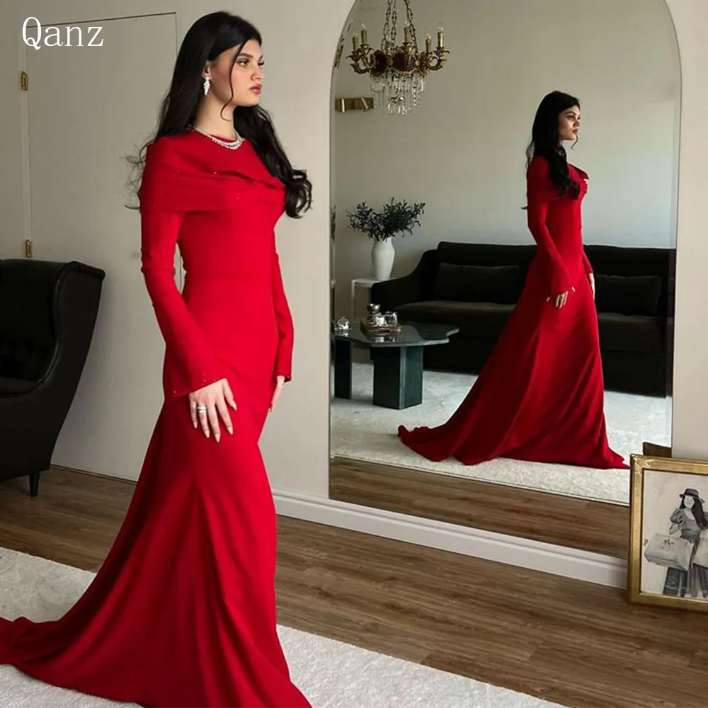 Qanz Saudi Arabia Mermaid Prom Dresses Sexy Slit Sleeves Beaded Sequined Satin Formal Occasion Dresses Evening Gowns Customized