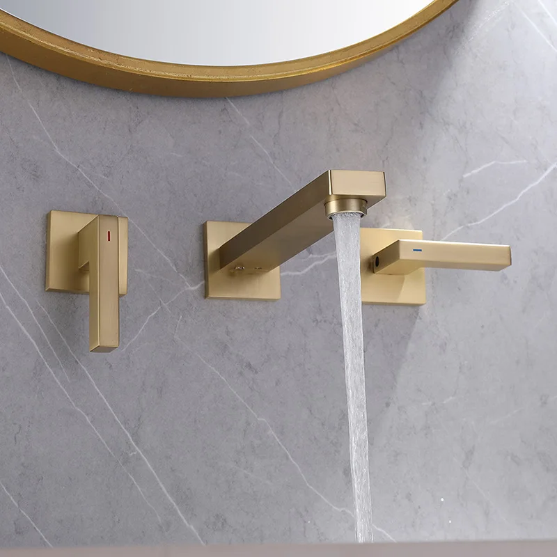 Square Wall Mounted Bathroom Faucet Brushed Gold Double Handles Basin Faucet With High-quality Brass Material