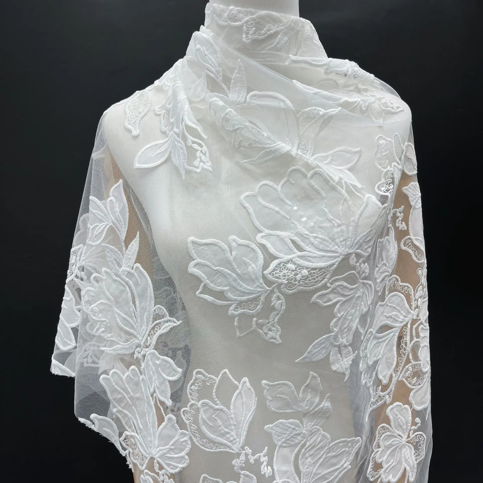 New sequin embroidered wedding dress fabric, garment accessories, water-soluble lace chiffon laser embroidered fabric