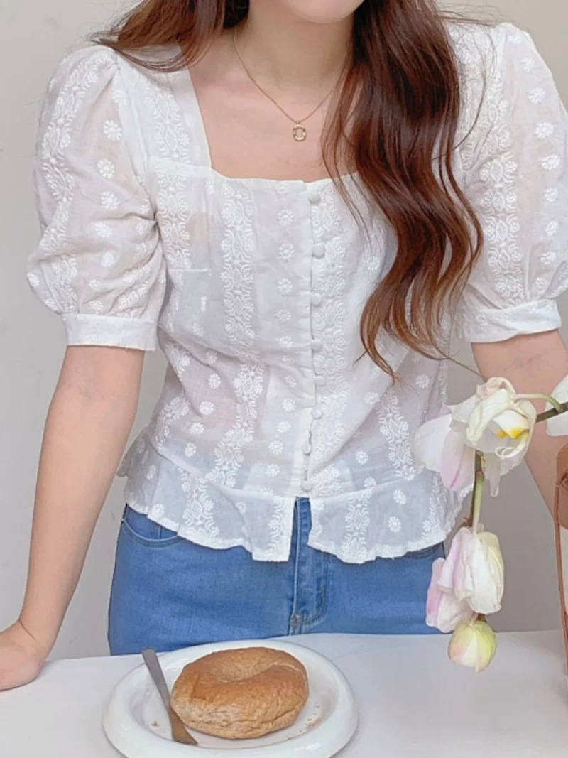 Chique manga curta bolha csa branca fena verão doce vintage gola quadrada bordado topo estilo coreano moda de deslocam...