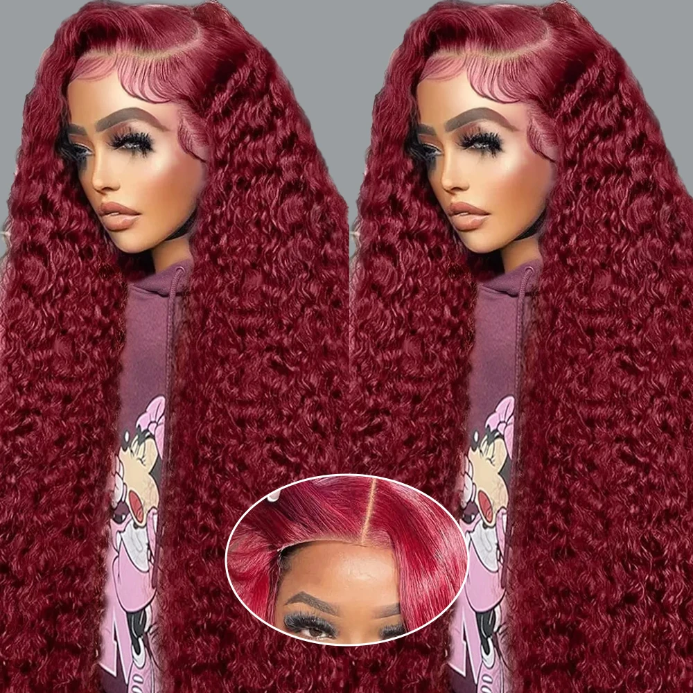 99J Burgundy Deep Wave Wigs Human Hair 7x5 HD Lace Frontal Wig 180 Density For Women Red Color 13x4 Lace Front Wig