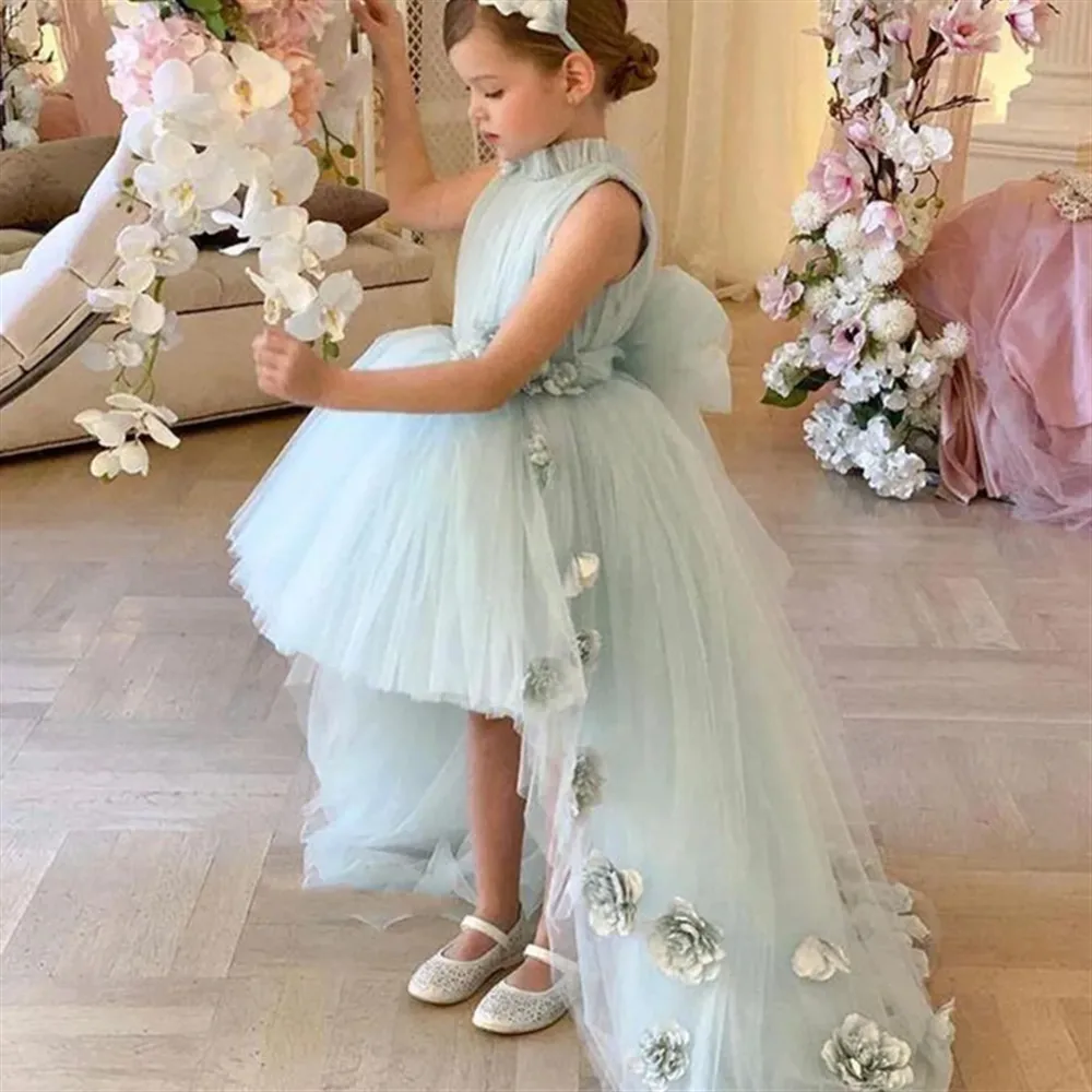 

Flower Girl Wedding Dress Sleeveless High Neck Flowers Bow Princess Puffy First Communion Birthday Party Dress Cute Kids Gown