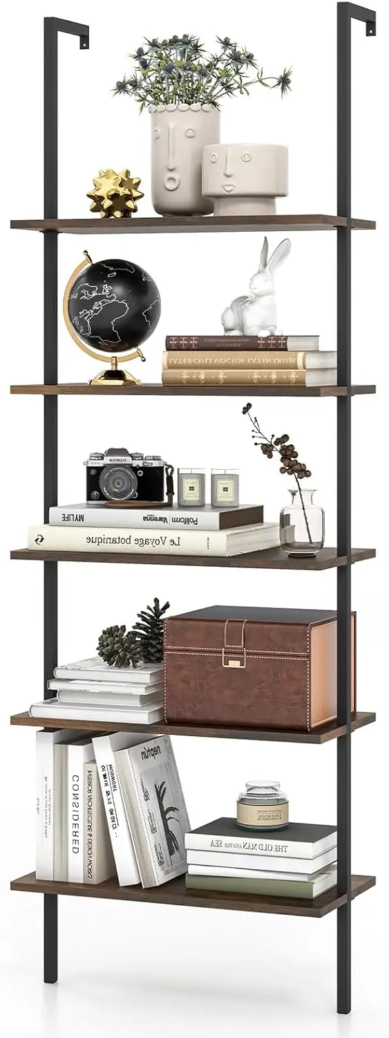 5 Tier Modern Wall Mounted Bookshelf Rustic Brown, 71