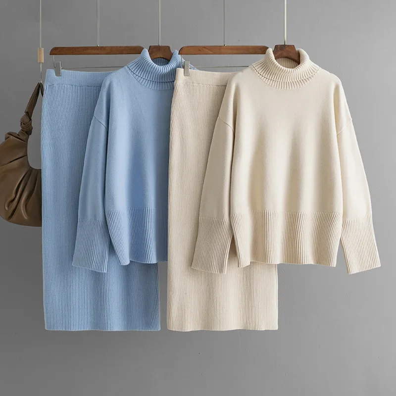 Winter New Solid Color Turtleneck Sweater Turtleneck Hip Skirts Female Two-piece Sets Autumn Knitted Women Skirts Sets Elegant