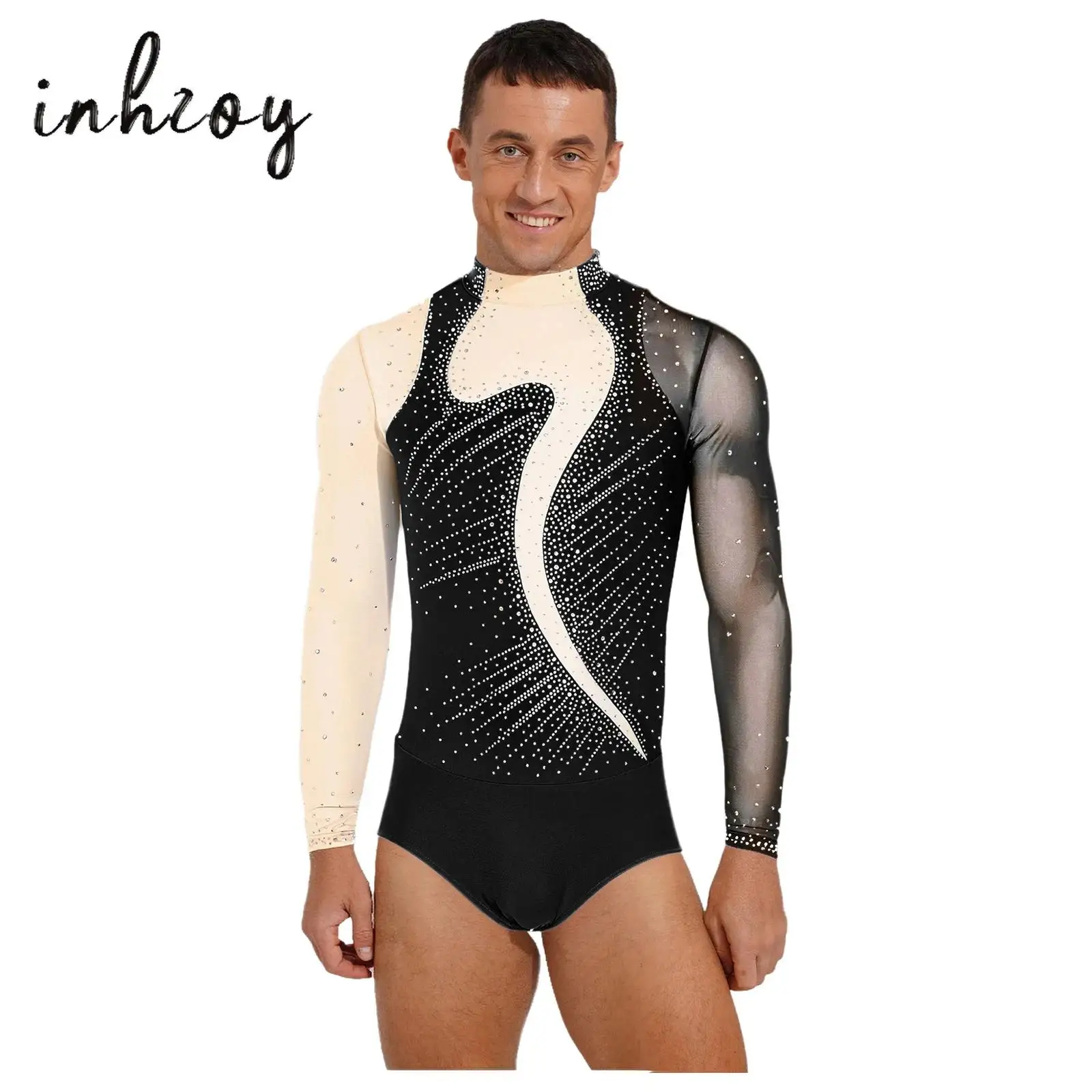 

Мужской комбинезон для фигурного катания и танцев, боди контрастного цвета, блестящие стразы, трико с кнопками в промежности для тренировок по гимнастике