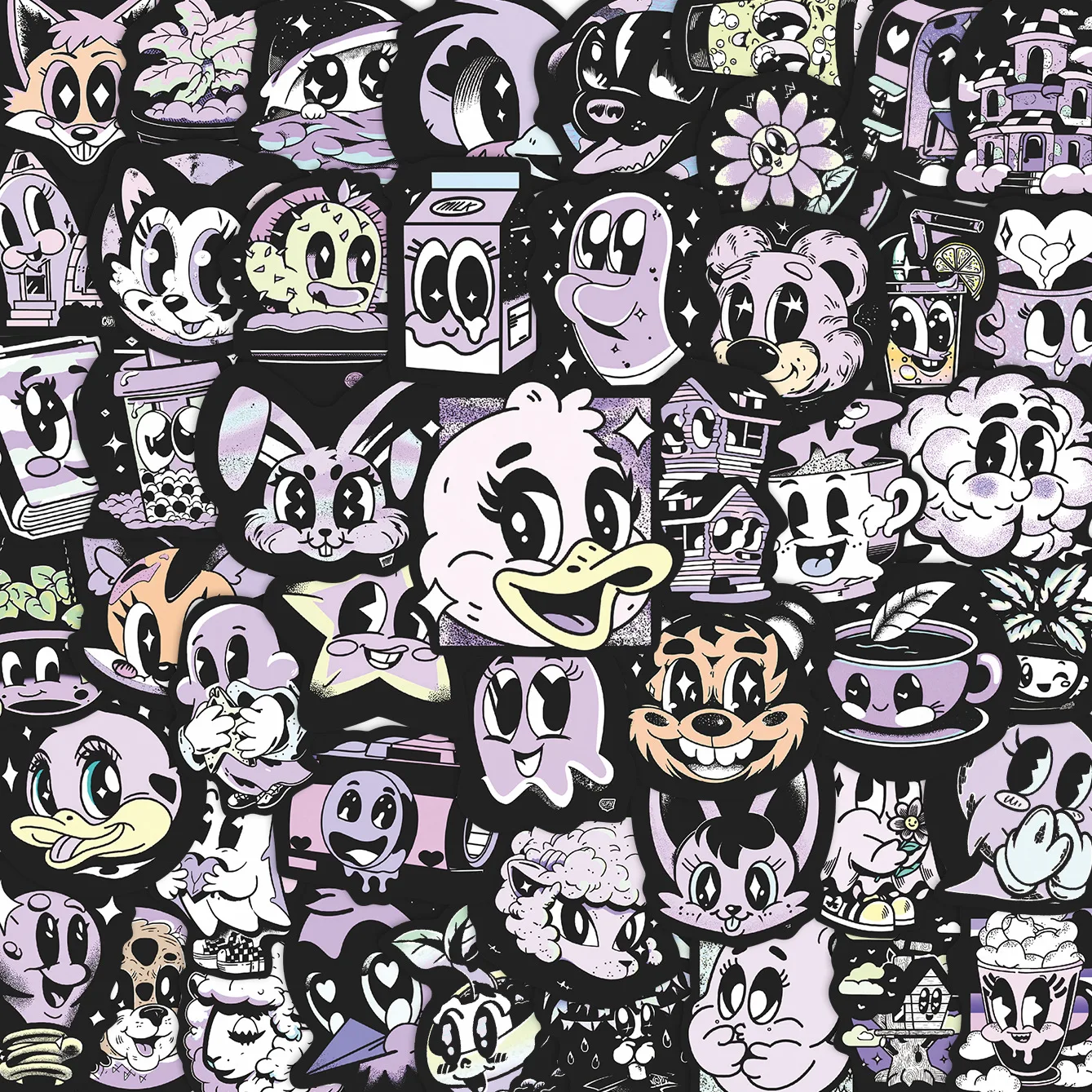 50 Stück Dunkelviolette Gothic-Tier-Cartoon-Aufkleber Campus-Animation-Sticker Cartoon-Spielzeug Kühlschrank Gepäck Laptop Handy Gitarre Auto