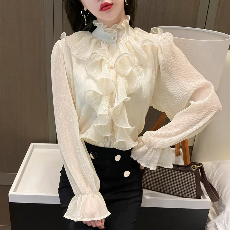 Satin Women\'s Shirts New Silk Solid Vintage Blouses Loose Spring/Summer O-Neck Ladies Clothing Long Sleeves RUFFLES Tops