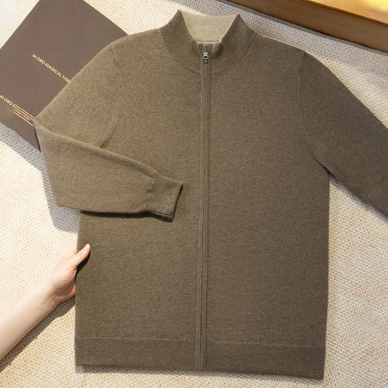 2025 Autumn Winter Men's Cashmere Cardigan Zippers Mock Neck Cashmere Sweater 100% Cashmere Knitwear Thick Soft Double Side Wear