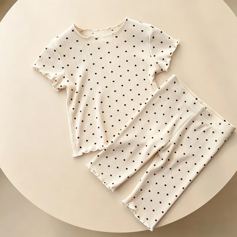 2026 New Four Seasons Children's Small Wave Dot Western Style Soft Glutinous Half Sleeve Top and Pants Two Piece Set