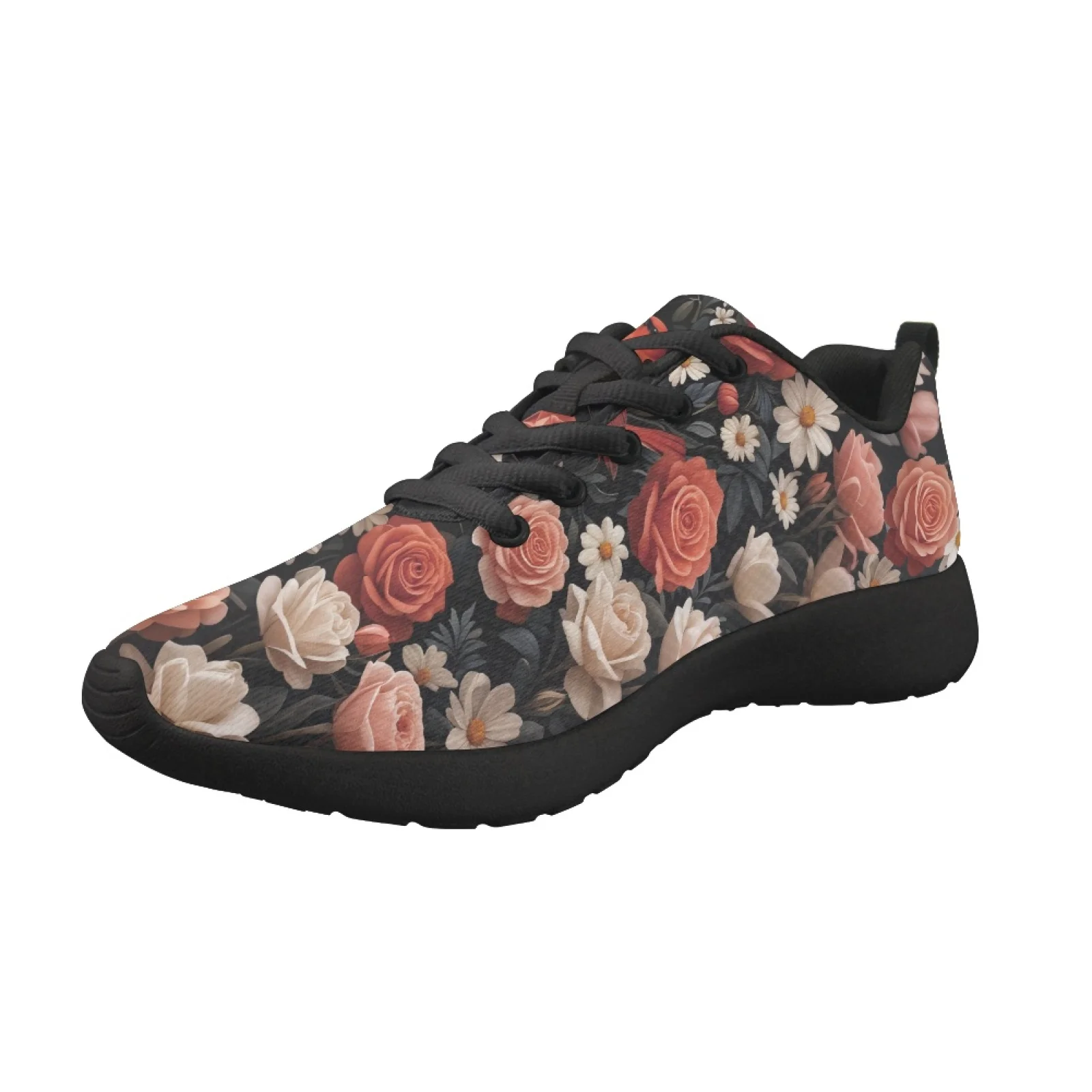 Cute Rose Flower Print Summer Mesh Ladies Sneakers Sport Jogging Running Shoes For Woman Lace Up Flats Casual Shoes Tennis Shoes