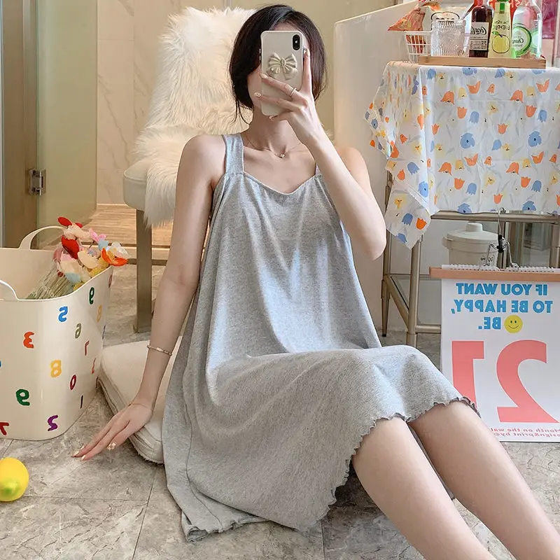 Women Cute Nightgown Pajamas Milk Silk Solid Color Sleepwear V Neck Lingerie Sexy Spaghetti Strap Nightwear Girls Homewear Dress