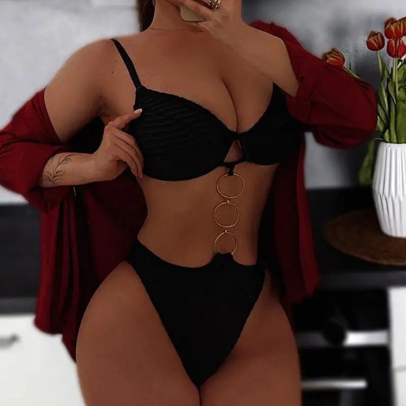 نساء 1 كمبيوتر سباحة للسيدات عاريات ملابس السباحة عالية قطع بدلة السباحة الحلقات المعدنية الإناث بدلة الاستحمام في ملابس الشاطئ #2