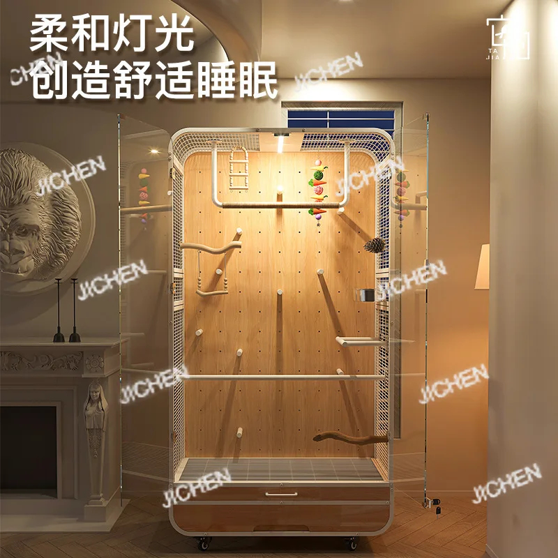 فيلا قفص العصافير ببغاء كبير خاص بمساحة كبيرة من الخشب الصلب المنقولة والحديد المطاوع آلة رمادية بانورامية #1