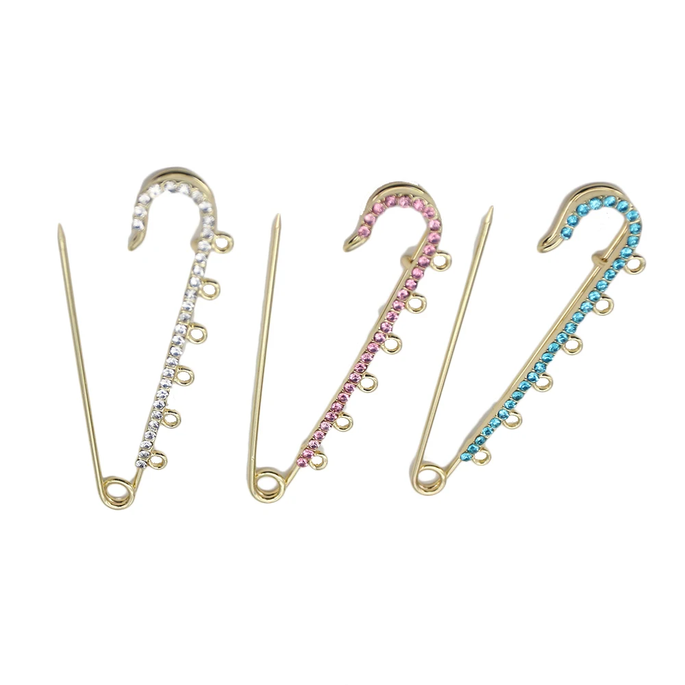 20pcs 8cm Gold Plated Alloy Rhinestone Baby Pins Crystal Islamic Hijab Scarf Safety Pins With 6 Loops For DIY Jewelry Making