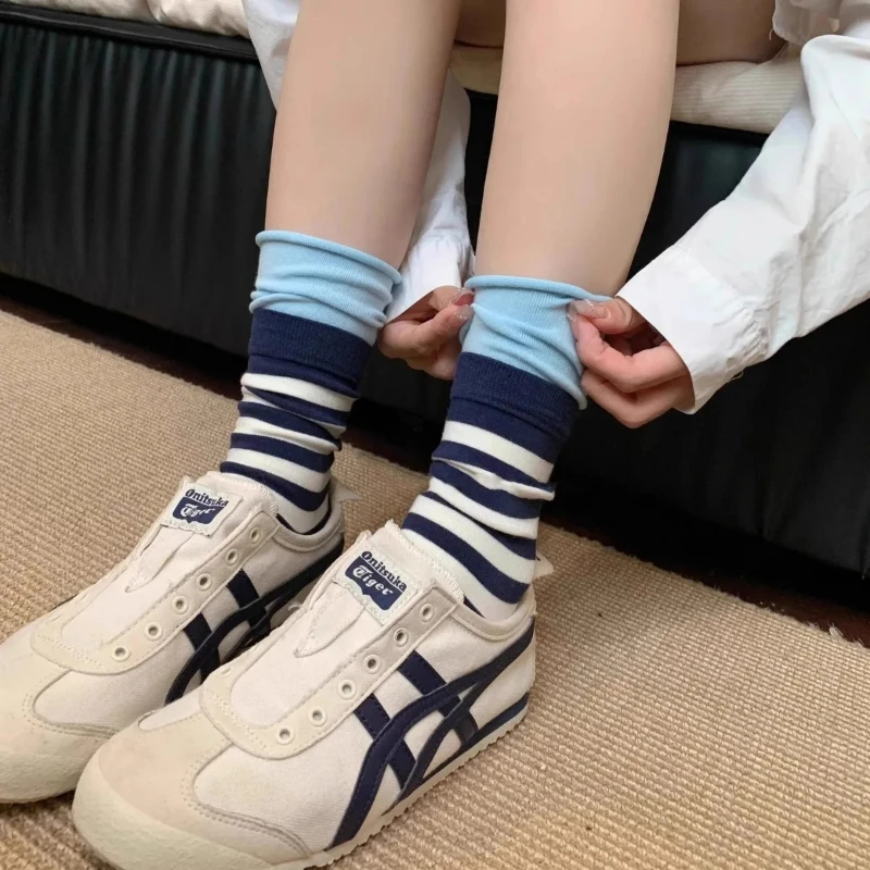 Women's Socks Japanese Striped Contrasting Dopamine Kawaii Rolled Edge Sports Mid Tube Socks Comfortable Breathable Cotton Socks image 4