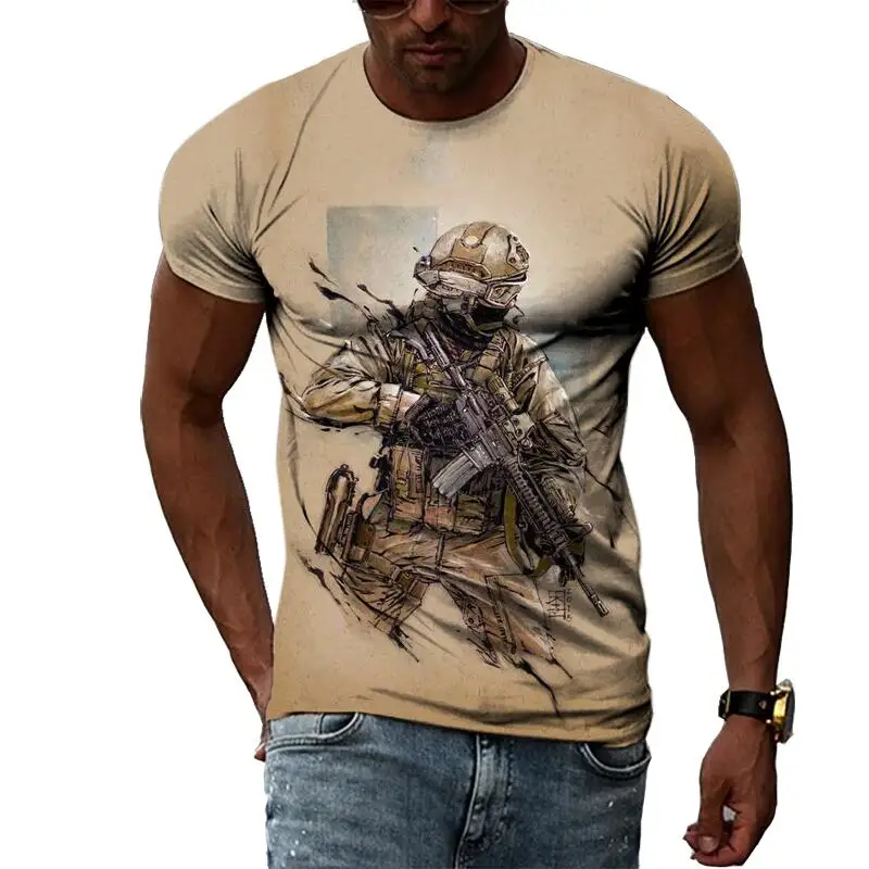 Summer Leisure Field Fighting Sniper Pattern Men\'s T-shirt Hip Hop 3D Print Personality Rod Neck Short Sleeve Tops Fashion Clot