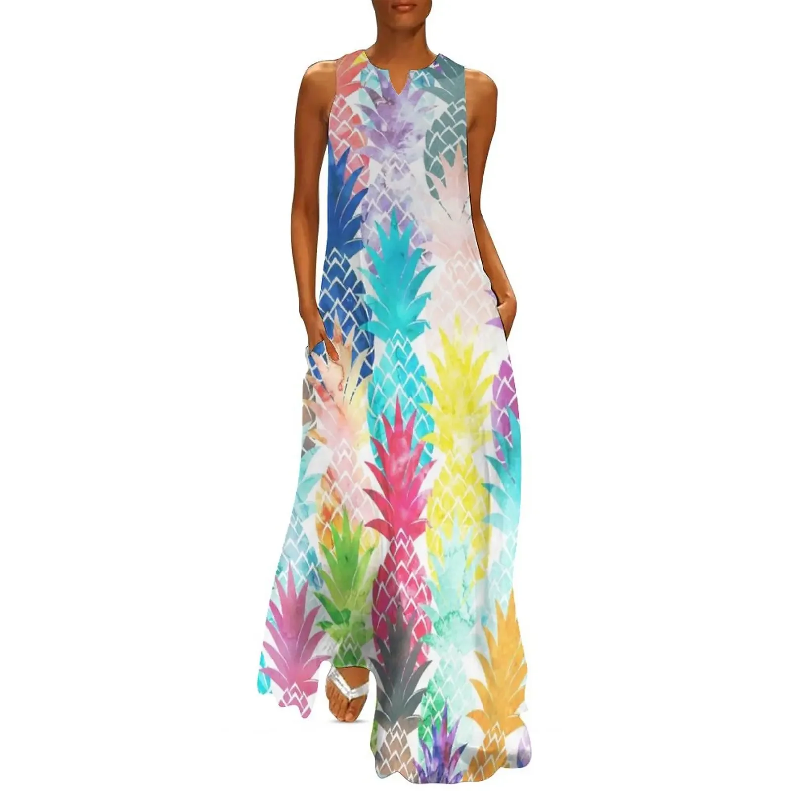 

Hawaiian Pineapple Pattern Tropical Watercolor Long Dress dress dresses Bride dresses summer dress korean women