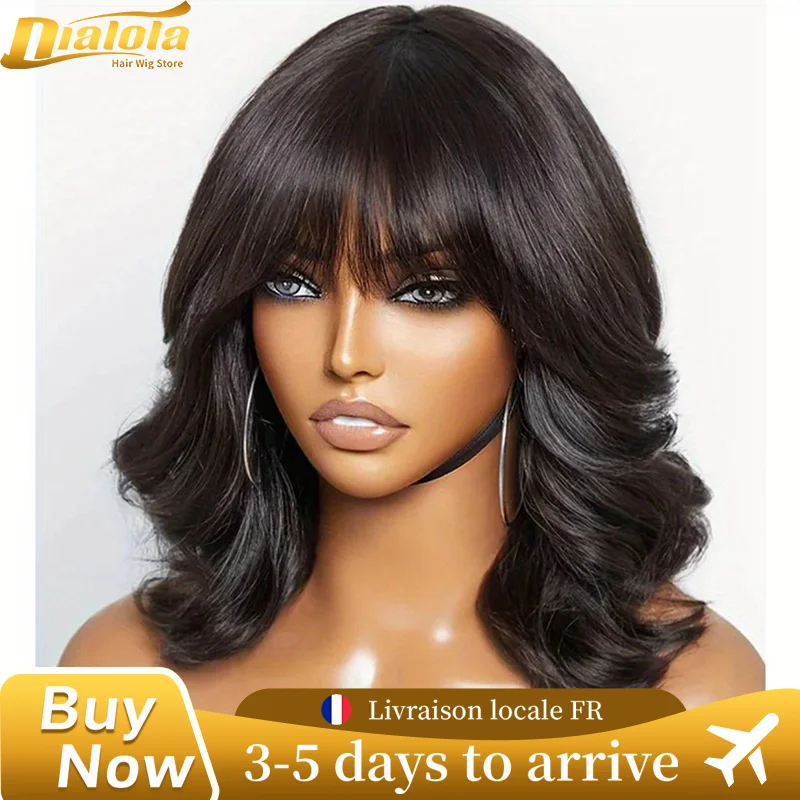 Glueless Short Bob Wigs 3X1 Middle Part Lace Wig  Full Machine Made Body Wave Human Hair Wigs With Bangs Wigs For Women 16inch