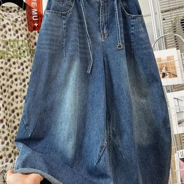 Summer Men's Wide Leg Blue Denim Jeans Retro Belted Knife  Design High Waist Cotton Polyester Blend Breathable Wear Resis...