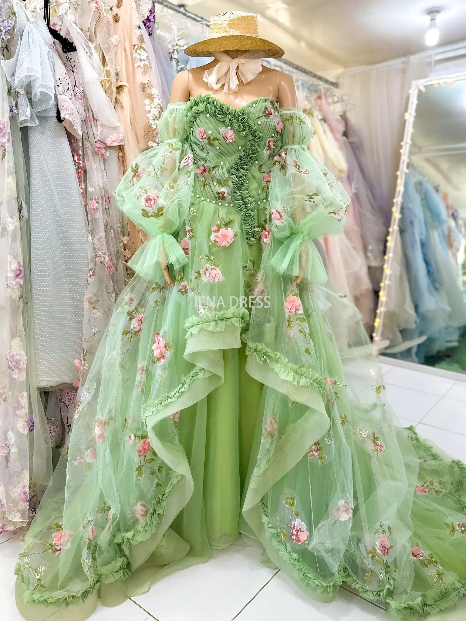 custom Spring Fairy Green Birthday Photography Dress Off-shoulder Evening Party Wedding Gown Cosplay Gowns Flower Photoshoot