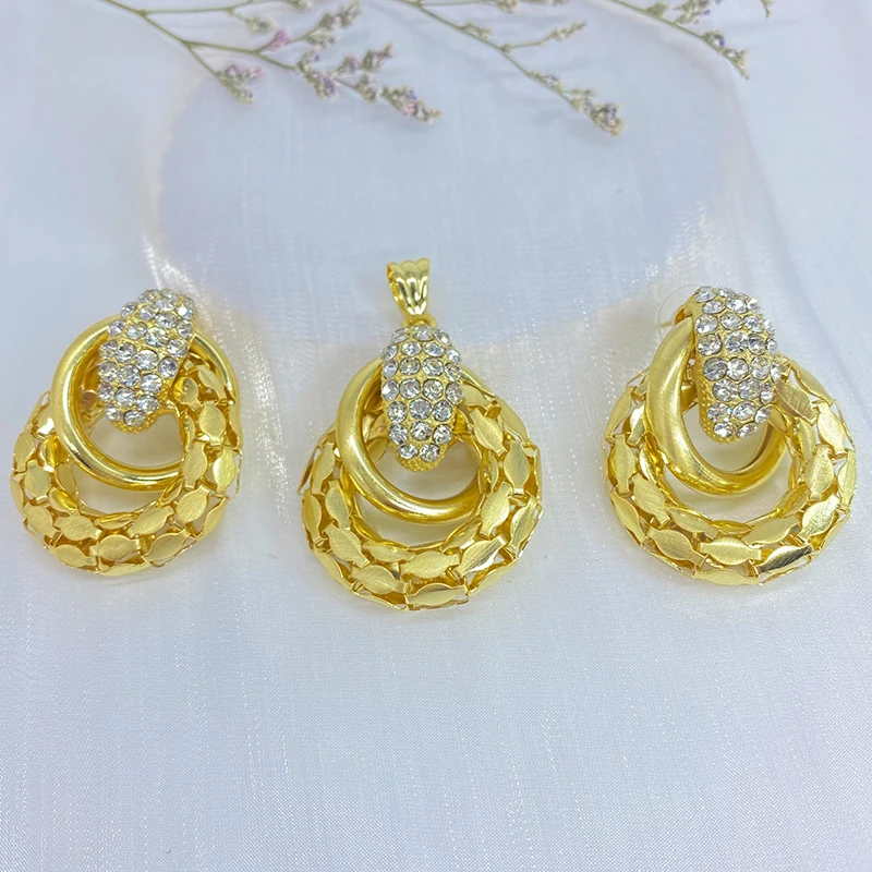 Italy New Design Fashion Jewelry Gold Plated Hollow Out Double Round Necklace Rhinestone Earrings For Women Wedding Party