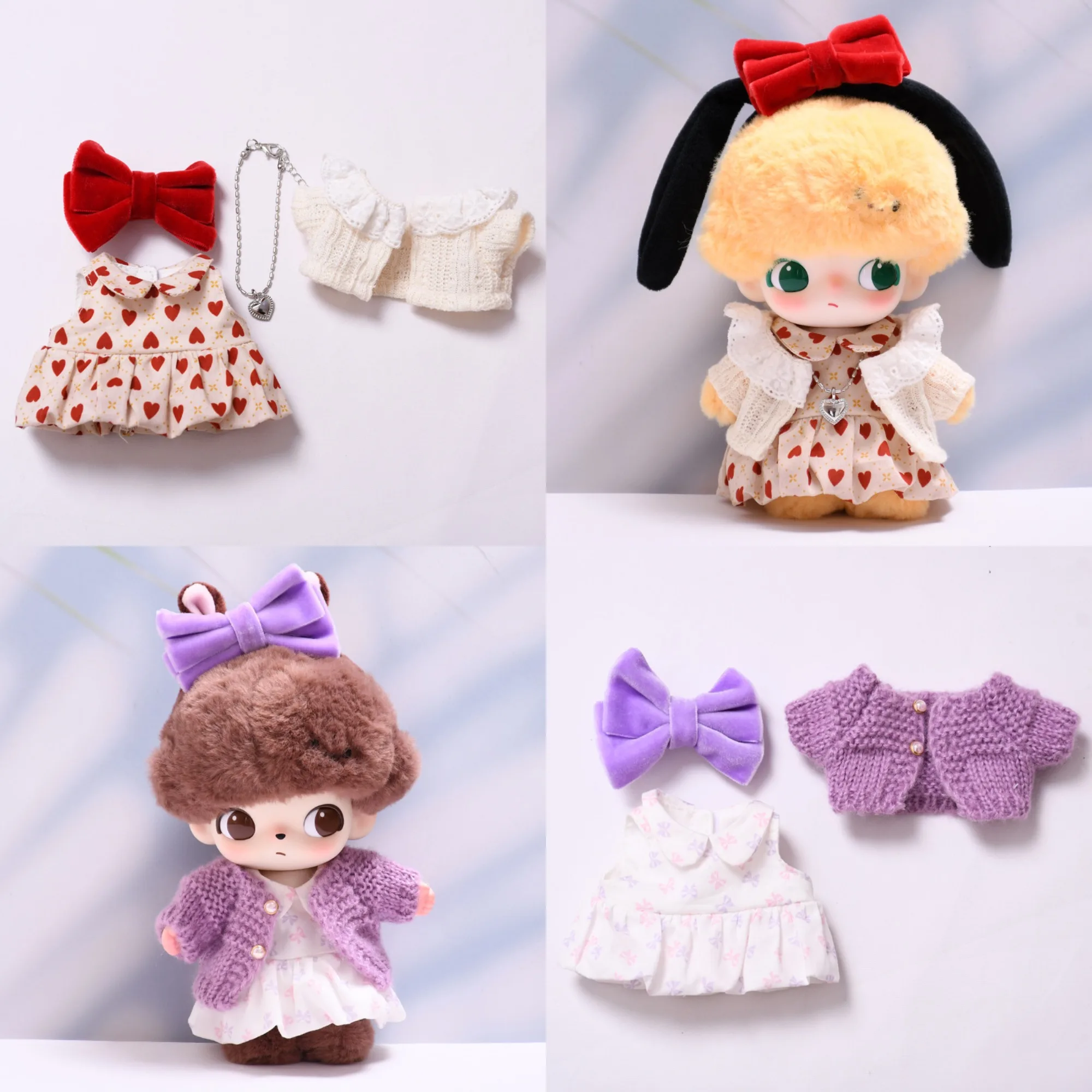 

Clothes For DIMOO WORLD 15/17Cm Labubu Gen 1-3 Bowknot Heart Skirt Sweater Cardigan Set Apparel Hanging Accessories