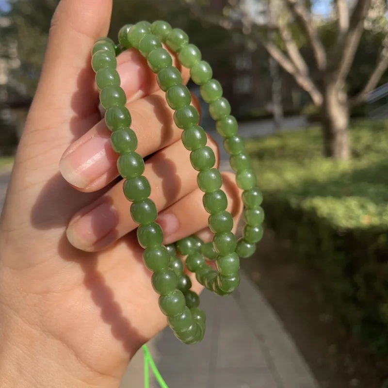 Natural Hetian Jade Green Multi- Bracelet Women, Vintage Bead Long Chain