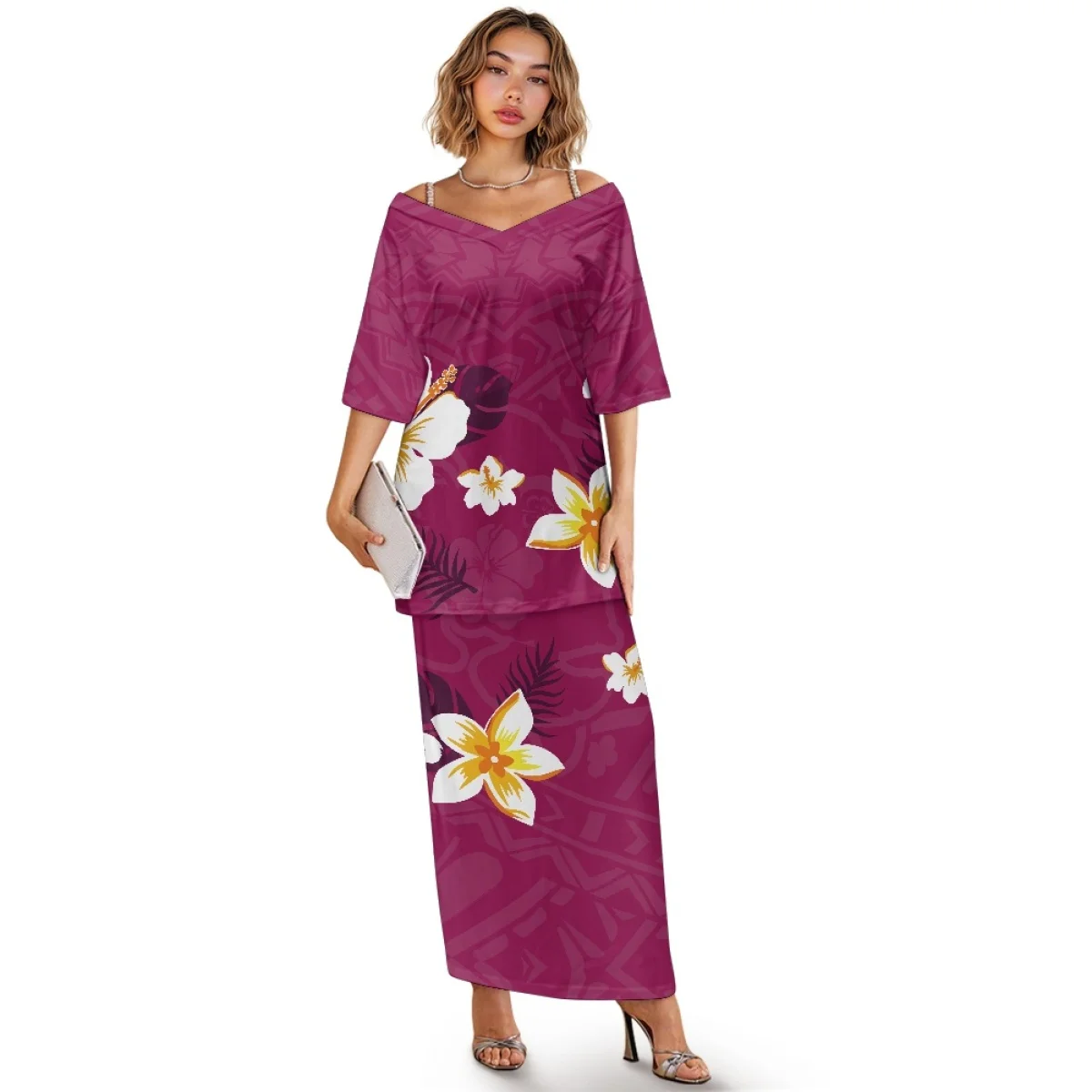 Abito Samoano Puletasi con Scollo a V, Spalle Scoperte, Mezza Manica, Set di Vestiti Tribali Polinesiani Bianco e Nero per Feste, Set di Abiti delle Isole del Pacifico
