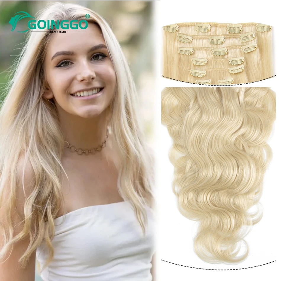 Goinggo 7 pz/set Clip nelle estensioni dei capelli onda del corpo bionda 120g Clip di capelli umani veri naturali In capelli umani per le donne 14-28 pollici