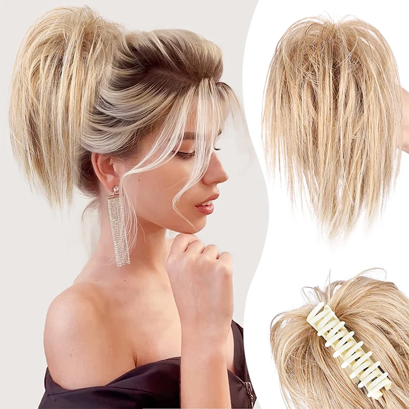 

Short Messy Bun Hair Piece Claw Clip in Hair Buns for Women Straight High Ponytail Extensions Synthetic Tousled Updo Hair Bun
