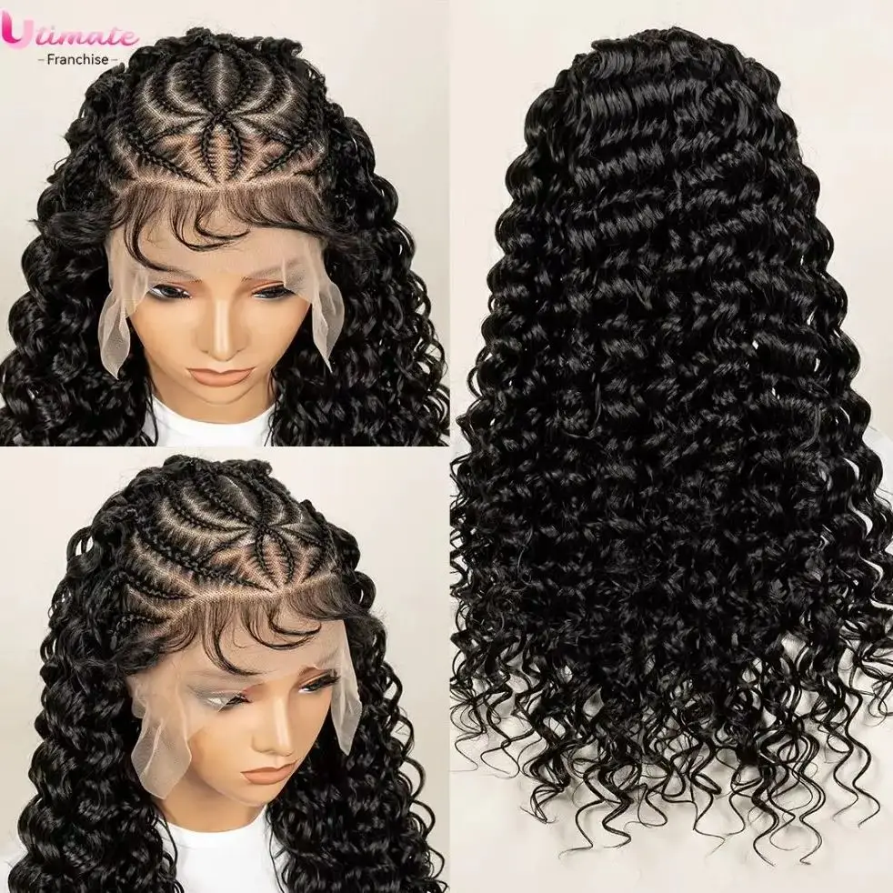 Deep Wave Full Lace Braided Hair Wigs With Baby Hair For Women Braiding Half Cornrow Synthetic Hair Wig Pre Styled Braid Wigs