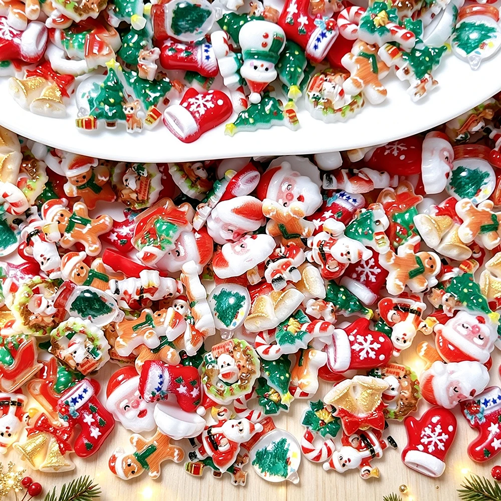 50Pcs 3D Christmas Nail Art Charms Cute Cartoon Santa Claus Snowman Xmas Tree Gingerbread Man Nail Ornaments DIY Manicure Crafts