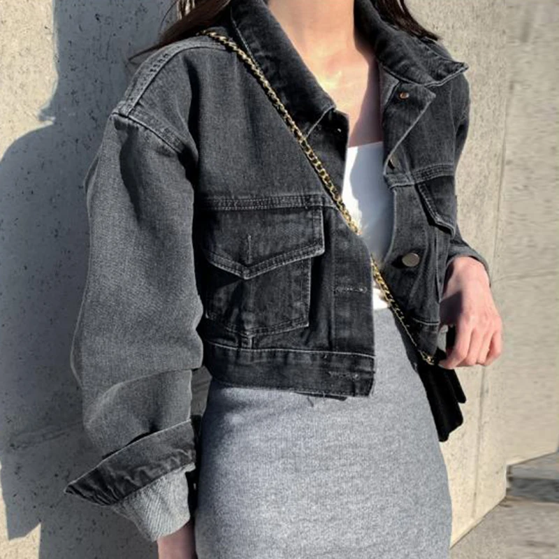 South korea Chic Autumn Retro  Lapel Double Pocket Metal Single Breasted Loose Long sleeve Short Denim coat