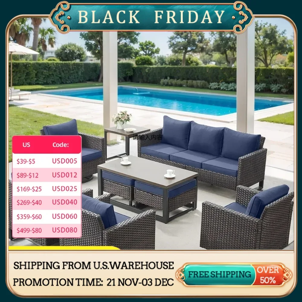 9-piece rattan patio furniture set including coffee table, rattan chairs, 3-seater sofa and ottoman