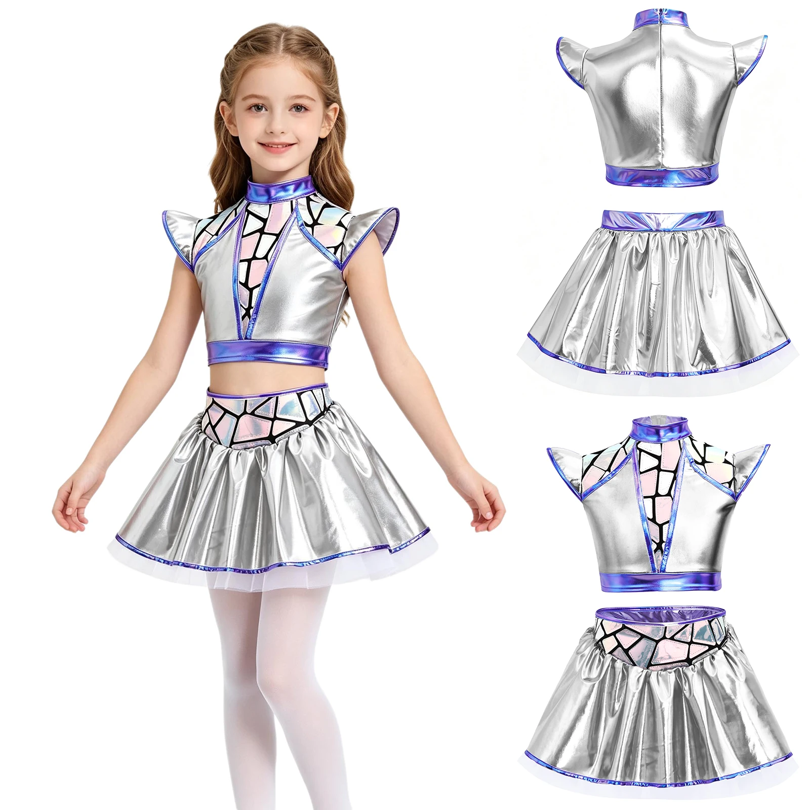 Girls Alien Robot Dress Up Costume Metallic Shiny Jazz Dance Outfit Crop Top with Tutu Skirt Built-in Briefs for Halloween Party