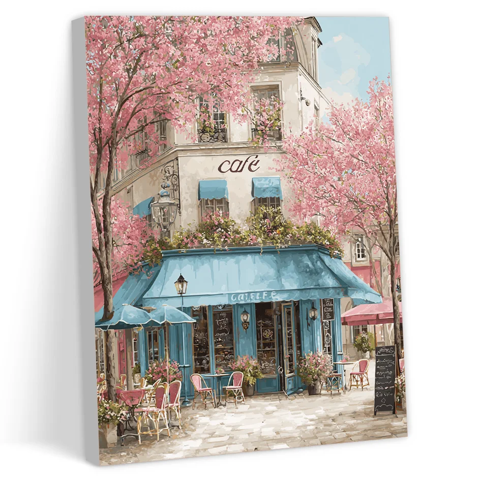 CHENISTORY Peinture par numéros pour adultes, Art de coloriage, Paysage, Maison dans les arbres, Fleur de cerisier, avec cadre et pinceaux, Décoration murale