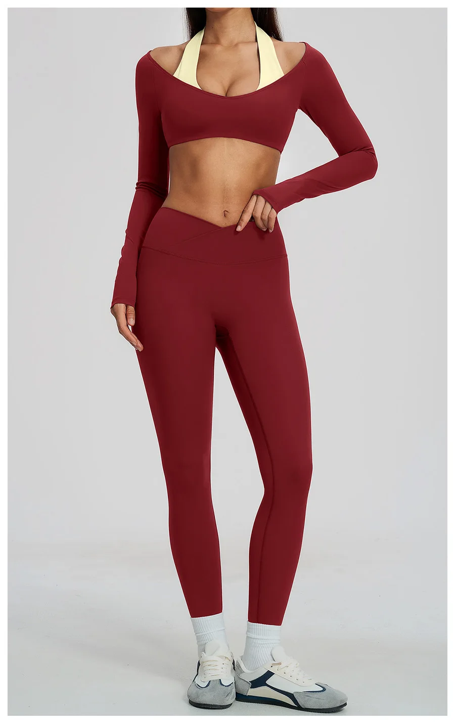 Yoga-Set 2-teilig, Fitnessbekleidung, Trainingsanzug, Lauf-Sportbekleidung, Outfit, hochtailliert, weites Bein, langärmeliges Crop-Top – Detail 6