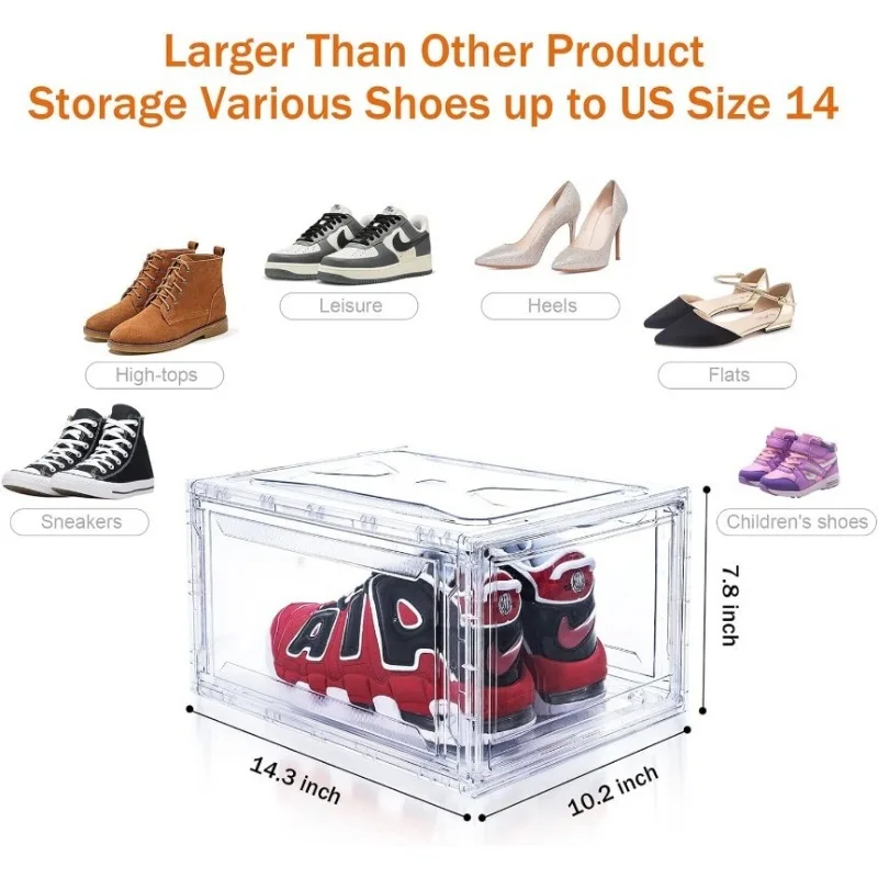 10 Pack Large Shoe Boxes Clear Stackable , Space Saving Acrylic , Foldable Shoe Container Boxes that Fits Up to Size 14 Shoes